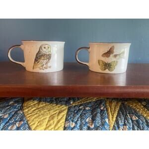 Pair of 2 Coffee‎ Cups White w/ Brown Speckles Owl Motiff